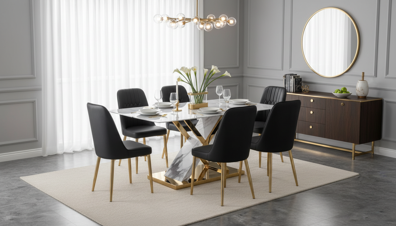 63-Inch White Faux Marble Dining Set for 6 (Modern)