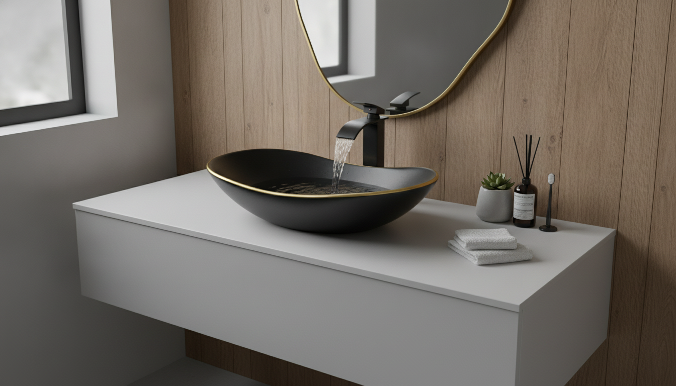 European Ceramic Sink Set: Black Waterfall Faucet + Drain