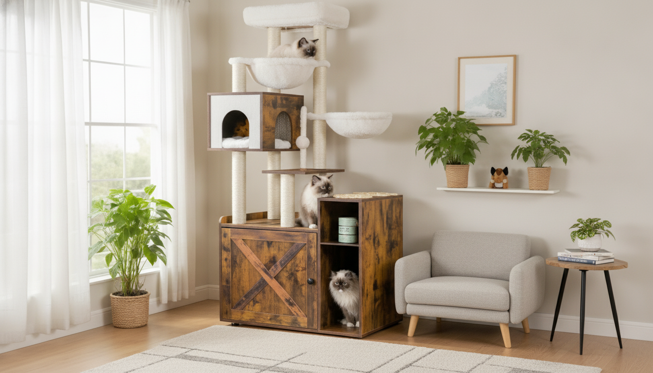 Modern Cat Tree with Hidden Litter Box & Dual Hammocks
