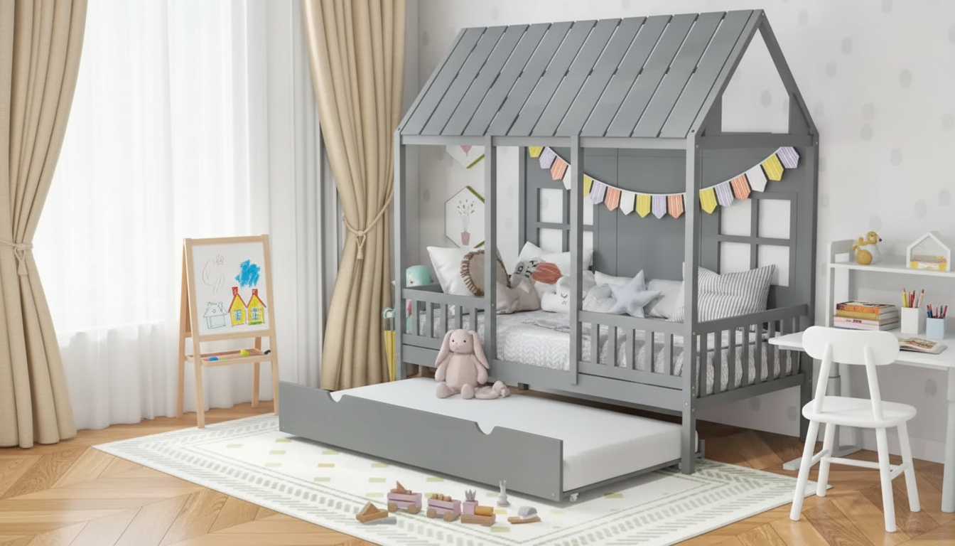 Twin House Bed with Trundle & Guardrails (No Box Spring)