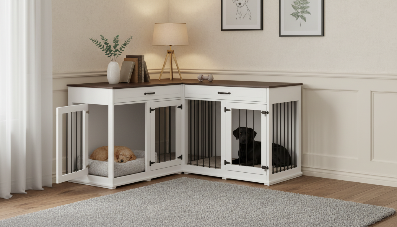 59-Inch Double Wooden Dog Crate with Drawers & Divider