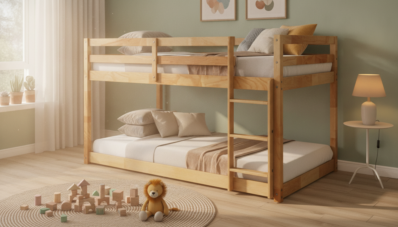 Low Twin Over Twin Bunk Bed: Ladder + Guardrails